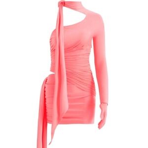 Mugler Asymmetrical Ruched Bodycon Dress in Vibrant Orange and Pink